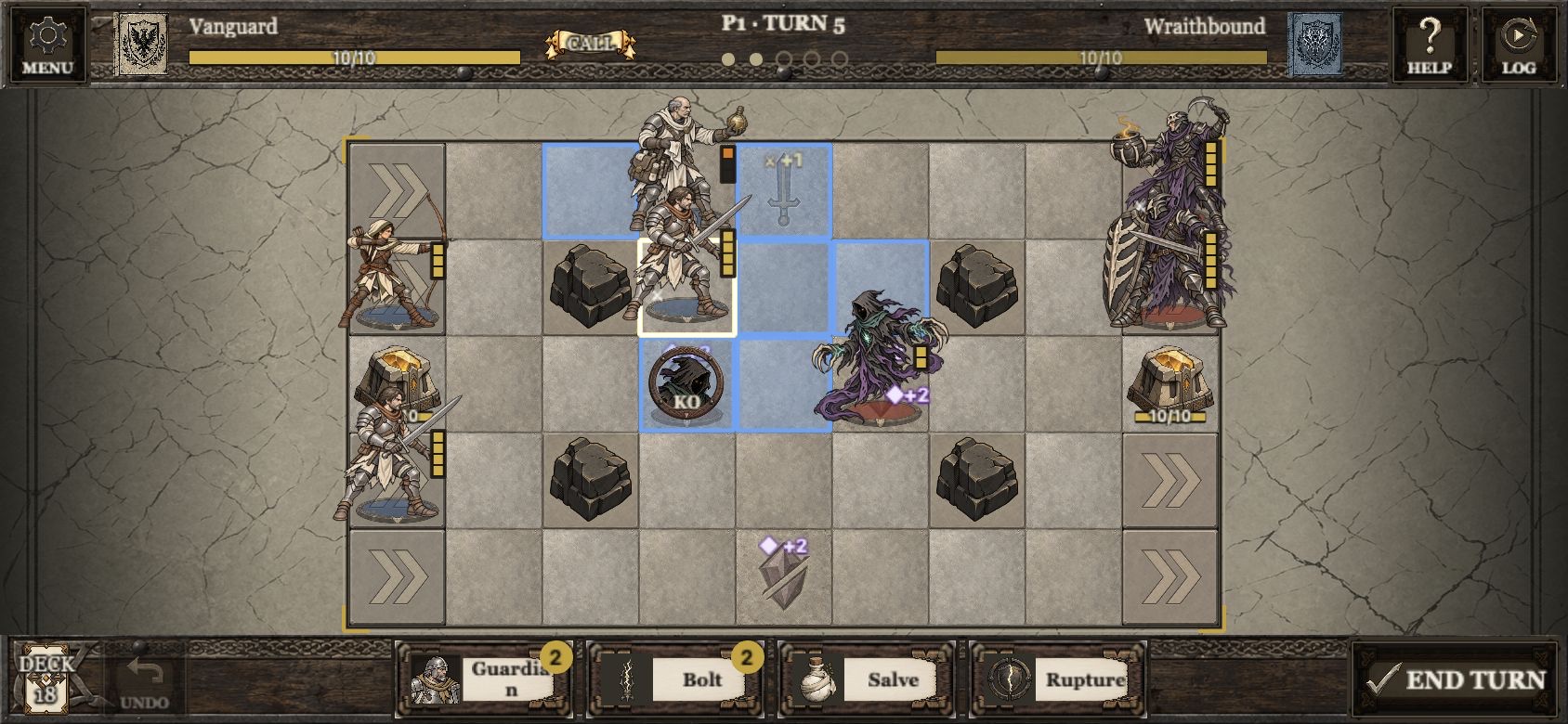 Etched Court turn-five gameplay: a selected striker controls the centre beside a downed scout, with movement tiles highlighted and two action points remaining